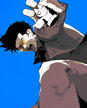 Full-Body illustration of Travis Touchdown (from the No More Heroes series) holding a small cat figurine.